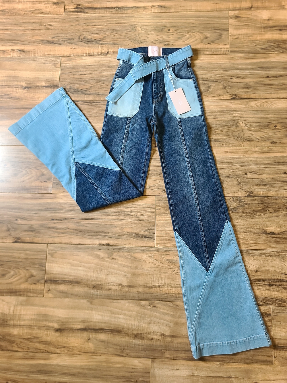 NWT REVICE Boogie Bells Jeans Two Tone Patchwork Flare Bell Bottoms Size 25